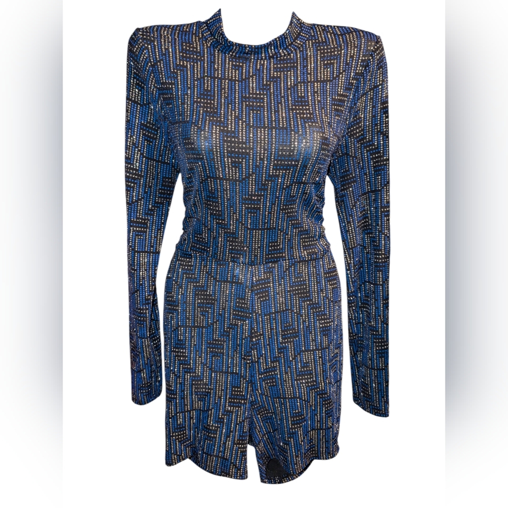 Elegant Blue and Gold Long Sleeve Dress